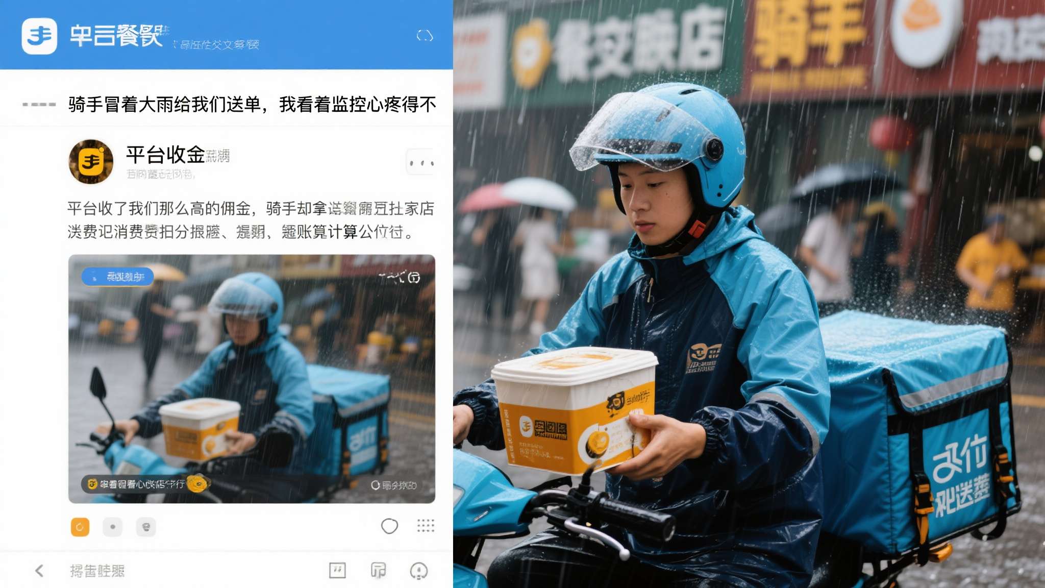暴雨天骑手辛苦送餐 配送费被大幅抽成 店家都看不下去